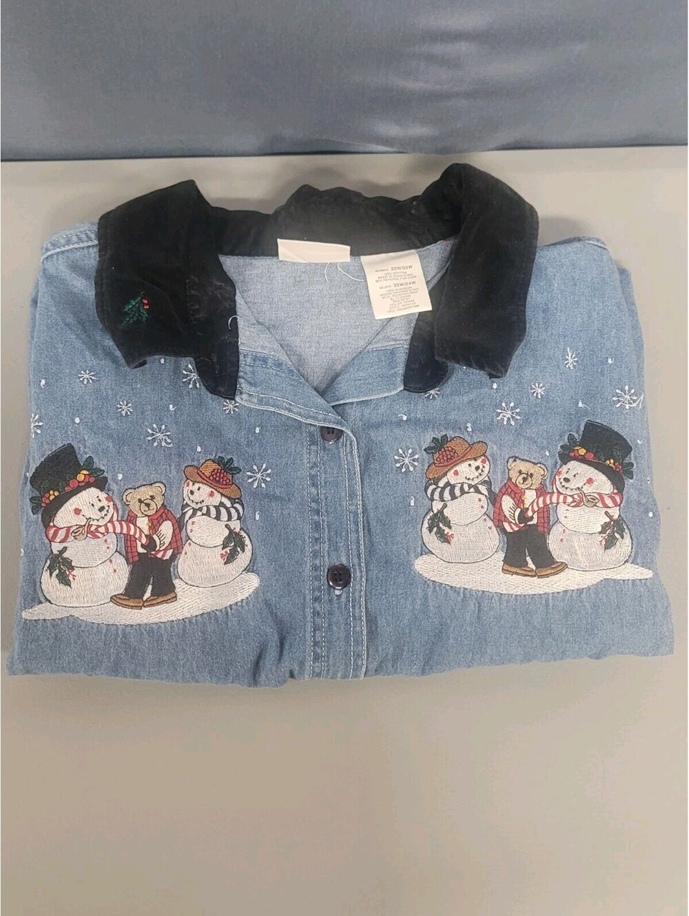 Bobbie Brooks Denim Shirt-Vintage Embroidered Teddy Bear Christmas Women 22-24W